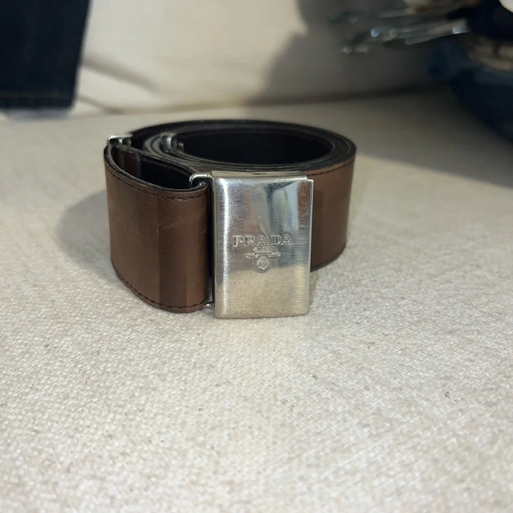 Prada Dark Brown Adjustable Leather Belt with Silver Buckle Logo Clasp - Picture 1 of 7